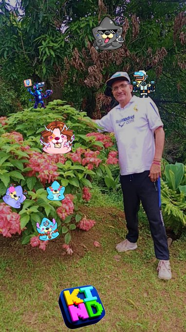 A man in a white 'RunMadrid 2023' shirt standing in a garden, surrounded by various cartoon animal stickers and a 'KIND' logo.