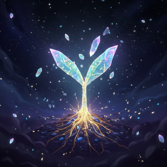 A glowing, crystalline sprout with iridescent leaves and luminous golden roots reaches upward against a starry night sky, surrounded by floating shards and sparkles. The image illustrates the growth journey of the NFT project, visually echoing the "GM Sprout holders" milestone with its depiction of a young seedling thriving from its roots.