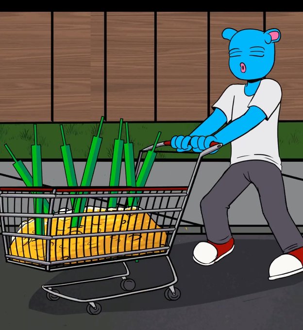 A cartoon illustration of a blue bear-like character pushing a shopping cart filled with long green stalks and yellow produce, appearing to strain under the effort.