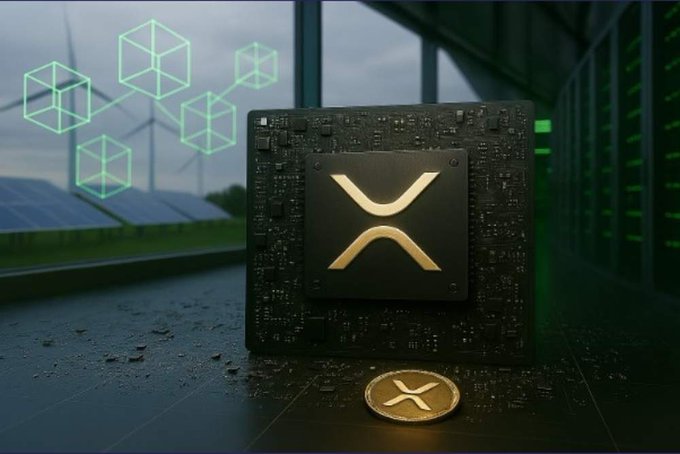 A black circuit board featuring the gold XRP logo sits on a dark surface next to a small XRP coin, with a wind farm and solar panels visible through a window behind it, alongside glowing teal blockchain cube graphics and green server racks. The image visually reinforces the announcement about Evernorth's plans to deploy its XRP holdings through lending and active participation on the XRP Ledger by connecting the digital asset to real-world sustainable energy and financial infrastructure.