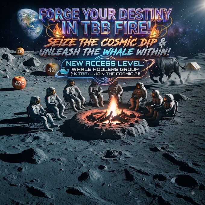 A promotional image showing astronauts sitting around a campfire on the moon's surface with a black cow and Earth in the background, featuring text 'FORGE YOUR DESTINY IN TBB FIRE! SEIZE THE COSMIC DIP & UNLEASH THE WHALE WITHIN!' and 'NEW ACCESS LEVEL: WHALE HOODLERS GROUP (1% TBB) - JOIN THE COSMIC 2!!'