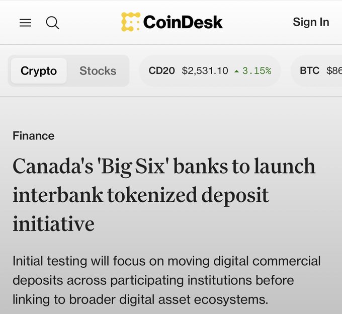 A CoinDesk article headline reads: 'Canada's "Big Six" banks to launch interbank tokenized deposit initiative,' with the CD20 index shown at $2,531.10, up 3.15%.