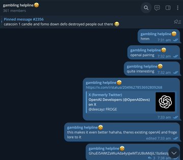 A Telegram chat with 'gambling helpline' where messages reference 'catcoin', 'fomo', 'OpenAI', 'Developers (@OpenAIDevs)', 'decay', and 'FROGE' along with an X/Twitter link and contract address.