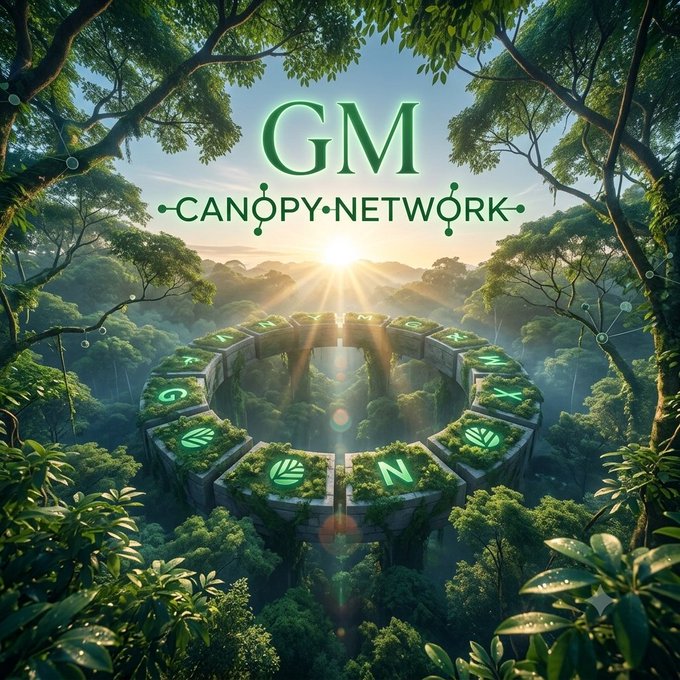 The image features a glowing circular stone structure adorned with green cryptographic symbols, set within a lush forest canopy at sunrise, with the text "GM CANOPY NETWORK" prominently displayed above. It visually reinforces the post's message about Canopy Network's blockchain infrastructure by symbolizing an interconnected, nature-rooted ecosystem where trust, security, and innovation thrive together.