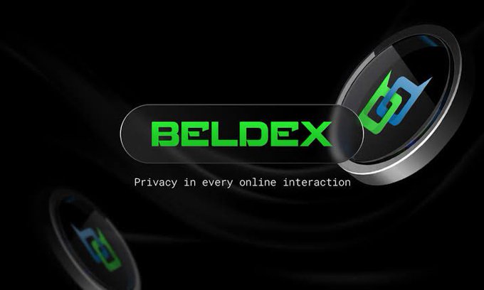 A dark, sleek promotional graphic for "BELDEX" displays the name in green and white text alongside a stylized "bd" logo, with the tagline "Privacy in every online interaction." The post elaborates on Beldex's mission to build Web3 with privacy at its core, positioning the platform as a solution for secure, anonymous online transactions and communications.