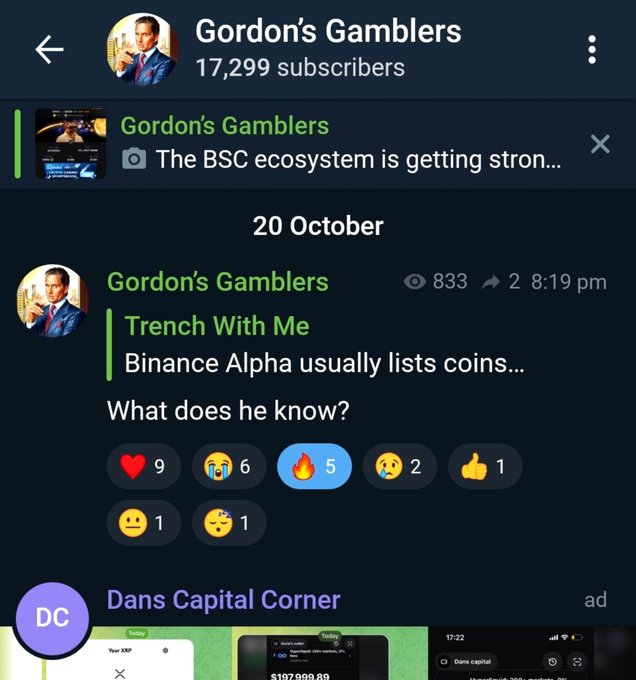 A Telegram channel screenshot shows Gordon’s Gamblers with “17,299 subscribers,” dated “20 October,” discussing “Binance Alpha” and asking “What does he know?”