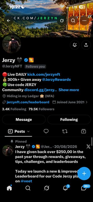 A Twitter/X profile page for 'Jerzy' (@JerzyNFT), showing 3.4K following and 79.5K followers, with a pinned post about giving back over $250,000 through rewards and giveaways.