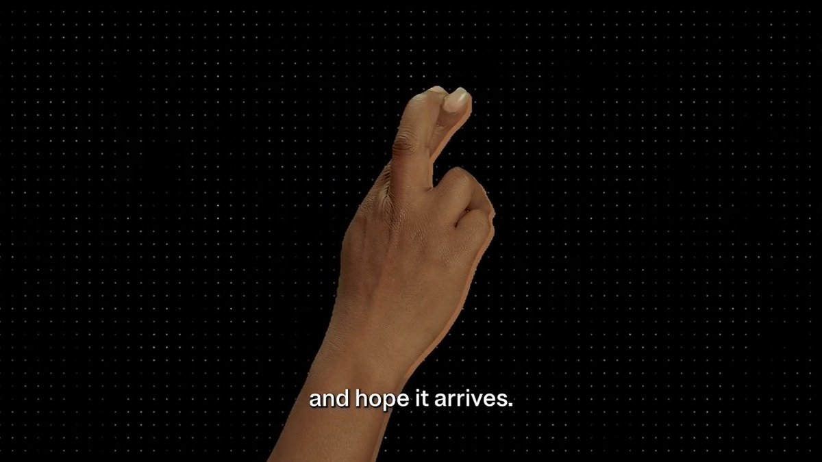 A hand with the index finger pointing upward appears against a black background with white dots, accompanied by the caption "and hope it arrives." This serves as a metaphor contrasting the risky, uncertain nature of traditional asset transfers with Ledger's secure, straightforward wallet address system for receiving digital assets.