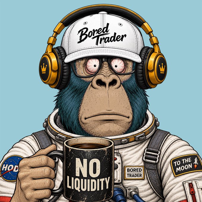A cartoon illustration shows an ape in a spacesuit and a "Bored Trader" cap holding a black mug labeled "NO LIQUIDITY".