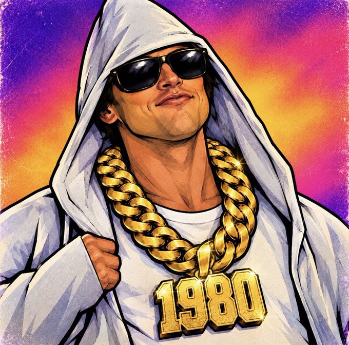 An illustrated portrait of a man wearing sunglasses, a white hoodie, and a large gold chain with a pendant that says '1980' against a vibrant purple and orange background.