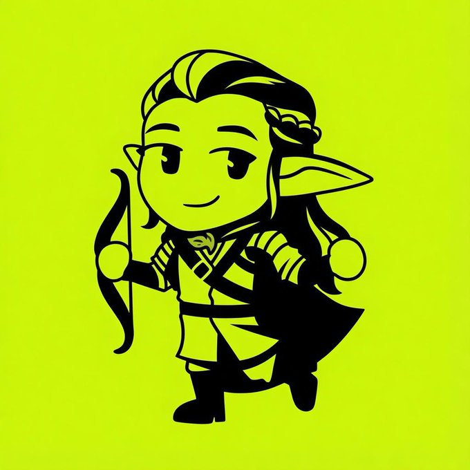 A black and white stylized cartoon illustration of an elven character with pointed ears holding a bow and arrow, set against a bright yellow-green background.