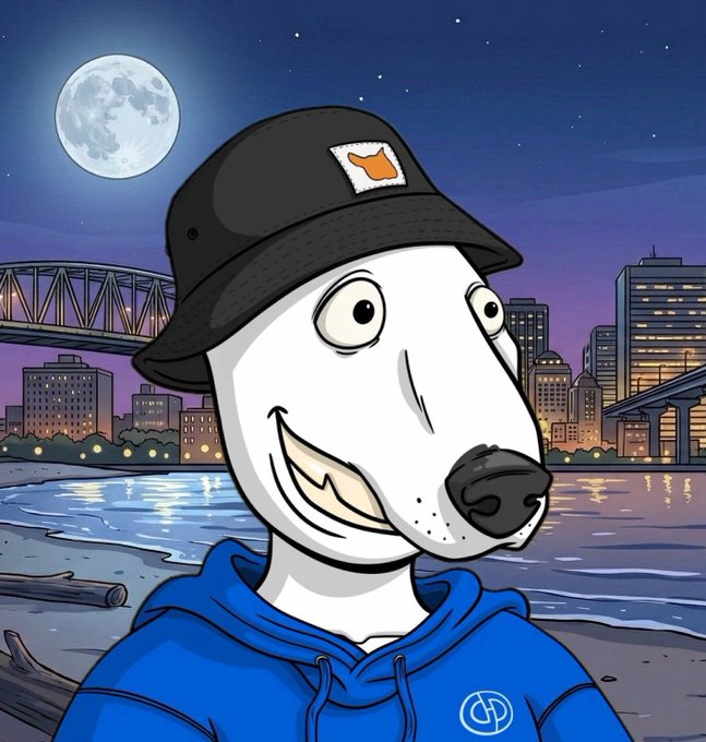 A cartoon illustration of a white dog character with bulging eyes wearing a black bucket hat with an orange design and a blue hoodie, set against a nighttime city skyline with a full moon.
