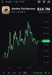 A trading chart showing "Jimothy The Raccoon" with a price of $24.7M and a 24-hour change, displaying a green and white line graph.