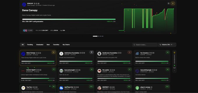 A screenshot of the Canopy (CNPY) network dashboard displays the asset's profile with a price of $3,342, a market cap of $3.4M, and an age of 20K, alongside a green price chart showing +800% growth. Below, a grid of application-specific blockchains built on Canopy—including Verdix, Sandstream Foundation, For Creators, Lemon Agent, and others—illustrates the platform's diverse ecosystem of purpose-built chains.
