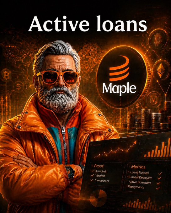 The image features a man with a beard wearing sunglasses, dressed in an orange jacket, standing in front of a computer screen displaying a graph. He appears to be working or managing his finances related to active loans, as suggested by the title of the poster that says "Active Loans". A description further elaborates on what can be achieved when consistent efforts are applied consistently over time. The visual elements and text work together to emphasize the importance of stability and persistence in financial matters, directly connecting it with the concept of active loans from the maple finance company post.
