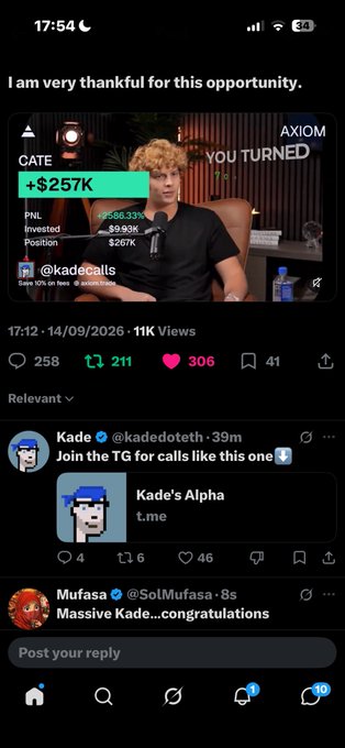 A social media screenshot showing a video of Kade (@kadecalls) celebrating a successful $CATE trade with a +$257K profit, PNL of $86.33% on $9.93K invested, caption reading 'I am very thankful for this opportunity.'