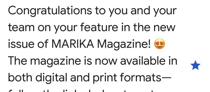This is a congratulatory message for a feature in MARIKA Magazine, which is now available in both digital and print formats, aligning with the post about the author's fashion feature.