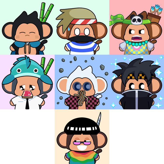 A 3x3 grid displays seven distinct cartoon chimpanzee NFT characters from the Chimpers collection, each featuring unique traits like a frog hat, sushi headband, panda accessory, tearful expression, octopus face, ninja mask, and rainbow shirt, representing the bulk NFT purchase that included 1 Uncommon and 6 Common Chimpers totaling 4.9197 ETH.