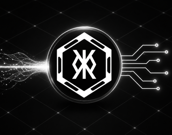 The image shows a stylized digital emblem featuring a hexagonal logo with interlocking "XR" letters, framed by a circular border, with circuit-like lines and glowing particles extending from both sides against a black background—symbolizing AI-driven blockchain connectivity. This visually complements the post's theme of AI agents struggling with onchain execution, positioning the project as the infrastructure that finally bridges intelligent analysis with real liquidity access.