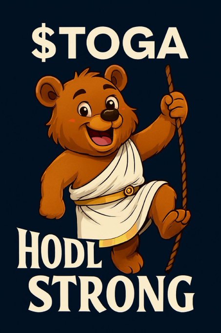 A cartoon illustration features a cheerful bear wearing a white toga and holding a rope, with the text '$TOGA' at the top and 'HODL STRONG' at the bottom.