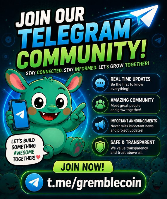 Promotional graphic for a Telegram community at t.me/gremlincoin featuring a green cartoon character holding a phone, advertising real-time updates and community engagement.
