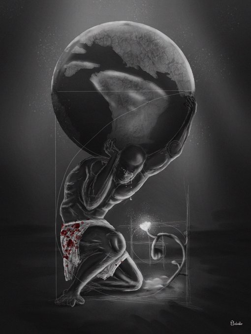 A muscular, bald figure kneels while bearing the weight of a fractured Earth upon his shoulders, wearing a blood-stained loincloth in this dark, monochromatic digital artwork—evoking the mythological Atlas, fitting the title "Atlas: Unfinished" referenced in the caption.