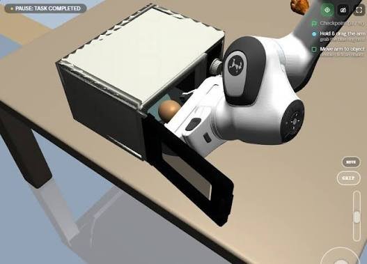 A simulated robotics interface showing 'PAUSE TASK COMPLETED' with a robotic arm holding an egg next to a black and white box on a table, with checklist instructions like 'Checkpoint Grasp', 'Hold & drag the arm', and 'Make aim to object'.