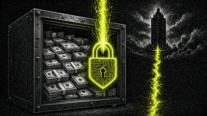 A dark, stylized illustration featuring a safe full of money on the left, secured with a glowing green digital padlock, while green lightning strikes a dark skyscraper on the right under a night sky.