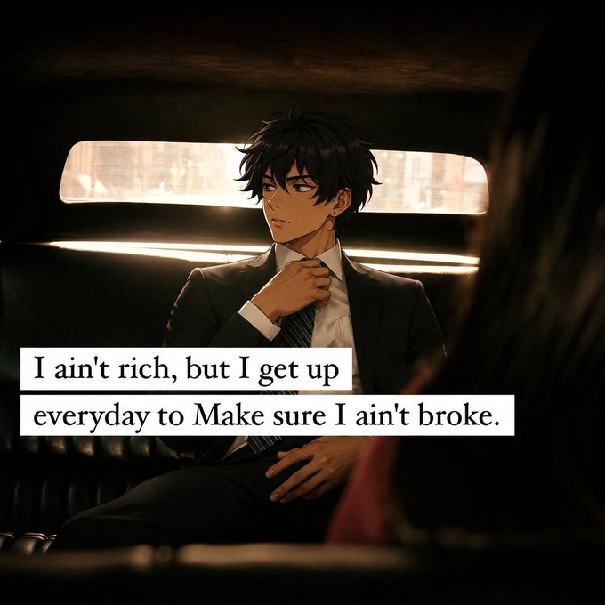 An anime-style illustration shows a dark-haired man in a suit sitting in a vehicle, with text reading: 'I ain't rich, but I get up everyday to Make sure I ain't broke.'