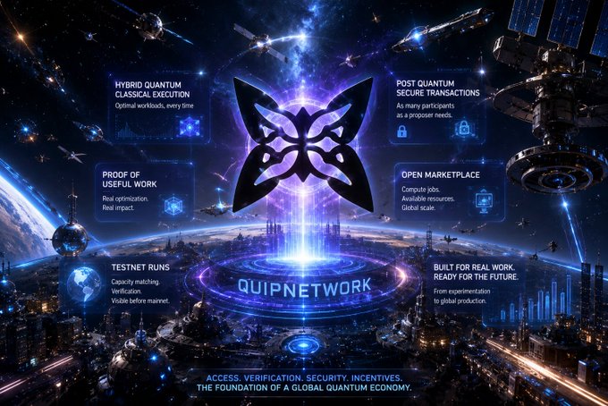 A sci-fi promotional graphic for QUIPNETWORK featuring a futuristic space cityscape with text highlighting 'Hybrid Quantum Classical Execution', 'Proof of Useful Work', 'Testnet Runs', 'Open Marketplace', and 'Built for Real Work. Ready for the Future.'