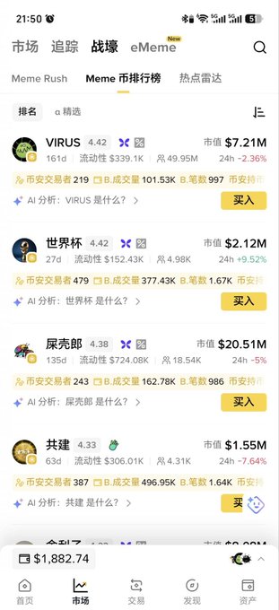 The image shows a phone screen displaying information about cryptocurrency trading, specifically VIRUS Everyone (MEME coin), which has been featured in one of Binance's meme lists for months. The user has recently bought into this coin, indicating their interest or support for it.