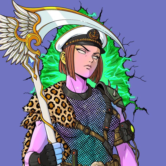 An anime-style digital illustration of a character with short brown hair, wearing a sailor hat, a leopard-print scarf, and chainmail, holding a large ornate scythe-like weapon against a cracked purple wall revealing green energy.