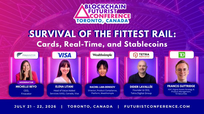 Promotional graphic for the 'Blockchain Futurist Conference' in Toronto, Canada (July 21-22, 2026) advertising a panel titled 'Survival of the Fittest Rail: Cards, Real-Time, and Stablecoins' with speakers from Finavator, Visa, Wealthsimple, Tetra Trust, and TD.