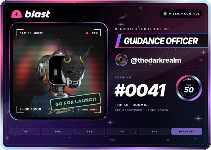 A 'blast' platform graphic showing a 'GUIDANCE OFFICER' crew assignment for user '@thedarkrealm' with crew number #0041, 'GO FOR LAUNCH' text, and a countdown timer at T-00:10:00.