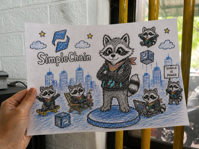 A hand holds a hand-drawn illustration featuring raccoons around the text 'SimpleChain' with a 'SIMPLE IS POWER' protest sign.