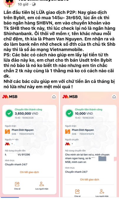 A Vietnamese social media post warning about a P2P cryptocurrency scam involving a transfer of 3,650,000 VND via MSB bank for a Bybit USDT sale, asking for help after being deceived.