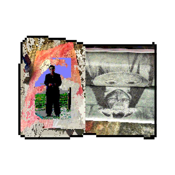 An artistic collage combining two images: a figure in dark clothing against a blue sky and pink border on the left, and a UFO hovering over a shadowy face on the right.