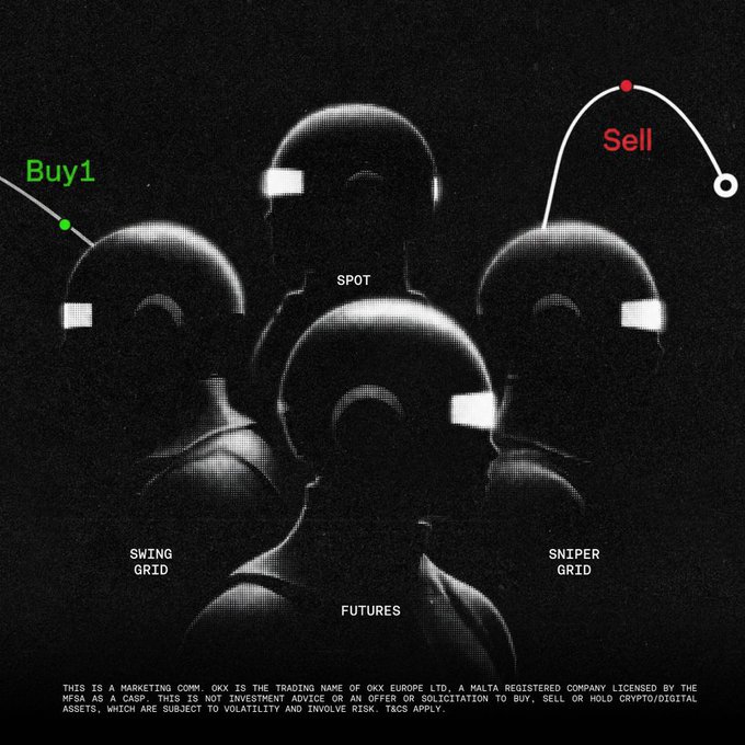 A dark marketing image for OKX featuring silhouettes of helmeted figures labeled 'SPOT', 'SWING GRID', 'FUTURES', and 'SNIPER GRID', with green 'Buy' and red 'Sell' indicators and a disclaimer noting it is not investment advice.