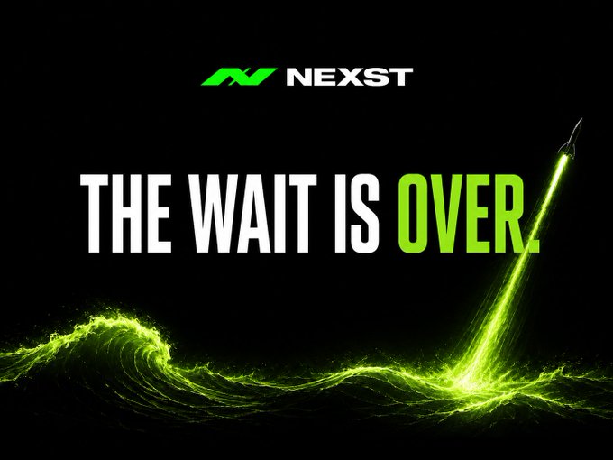 The image features a bold black background with the "NEXST" logo in green and white at the top, accompanied by the tagline "THE WAIT IS OVER" and a vibrant green energy wave with a missile-like streak shooting upward, symbolizing the explosive announcements teased in the post about the upcoming $NXT reveals.