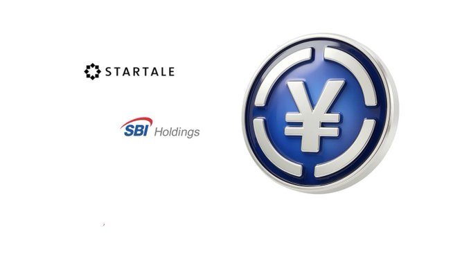 A graphic showing the STARTALE and SBI Holdings logos alongside a large 3D yen (¥) coin, suggesting a partnership involving Japanese yen/stablecoin.