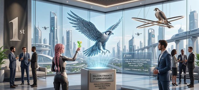 A futuristic, AI-generated scene of a '1st' anniversary celebration for 'FALCON FINANCE,' showing people in business attire gathered around a glowing falcon hologram, with text reading 'FALCON FINANCE 1TH ANNIVERSARY' and 'RIVA & COLLATERAL INFRASTRUCTURE MEETING.'