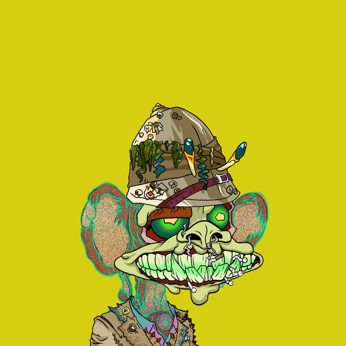 A cartoonish illustration of a grotesque rat-like creature with a moss-covered helmet and tusks against a yellow-green background.