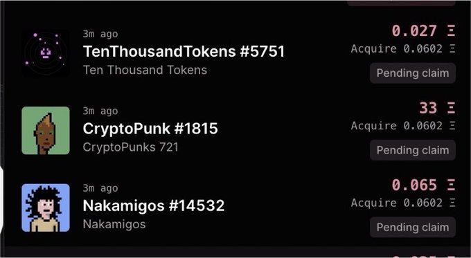 The image displays a transaction history showing CryptoPunk #1815 acquired for 33 ETH, illustrating the significant profit mentioned in the post. Other listed NFTs include Ten Thousand Tokens #5751 and Nakamigos #14532.