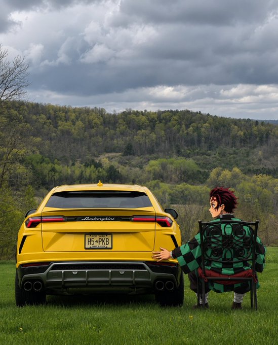An AI-generated image of a red-haired anime-style character in a green and black checkered coat sitting in a folding chair, touching the back of a yellow Lamborghini Urus parked on grass beneath a cloudy sky.