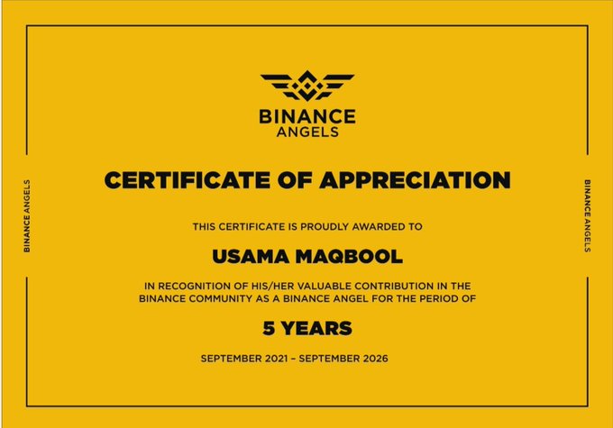 A yellow certificate of appreciation from Binance Angels awarded to Usama Maqbool for 5 years of service from September 2021 to September 2026.