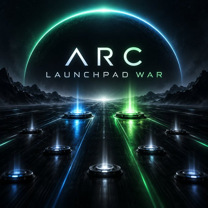 A digital artwork displays the text 'ARC LAUNCHPAD WAR' above a futuristic landscape with glowing green and blue launchpads beneath a large planet.