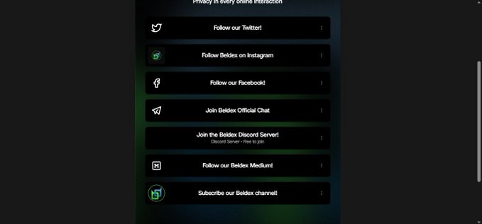 A dark-themed graphic lists Beldex's official social media channels—including Twitter, Instagram, Facebook, Official Chat, Discord Server, Medium, and a YouTube subscription—each with corresponding icons, reinforcing the post's message about staying connected across all platforms within the Beldex ecosystem.