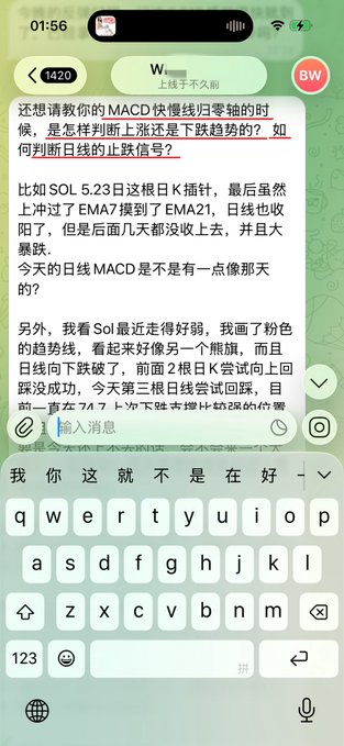 A WeChat conversation screenshot showing a Chinese message asking about MACD technical analysis indicators, specifically how to judge upward versus downward trends when the fast/slow lines return to the zero axis, using SOL cryptocurrency (5/23 K-line pattern) as an example. The accompanying post explains that this type of question from a crypto investor will be thoroughly analyzed in class, connecting to the image by highlighting it as a typical technical analysis inquiry.
