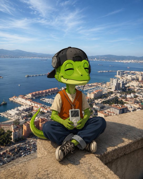 An anthropomorphic green lizard character wearing a backwards cap, headphones, an orange vest, and blue pants holds a small device while sitting on a stone ledge overlooking a coastal city and harbor.