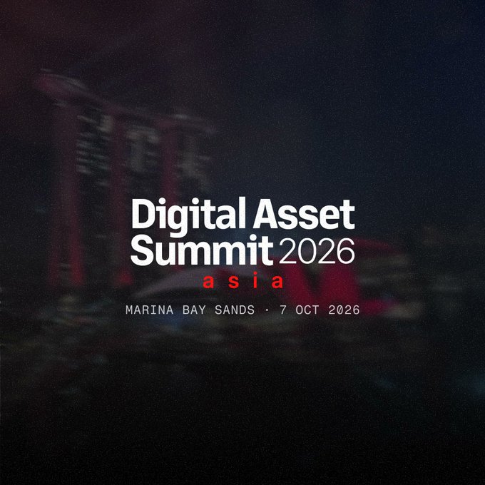 Promotional graphic for the "Digital Asset Summit 2026 Asia" event, scheduled for 7 October 2026 at Marina Bay Sands, set against a dark, atmospheric cityscape background. The image ties into Robinhood's $25M USD Bitcoin balance sheet addition, highlighting the growing institutional adoption of digital assets being discussed at such industry gatherings.